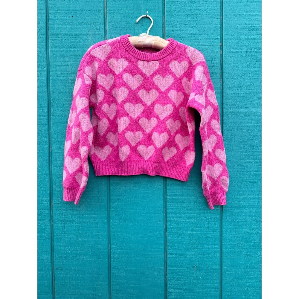 Girls Pink Artsy Heart Print Knit Sweater Crew Neck Long Sleeve Cosby Pullover